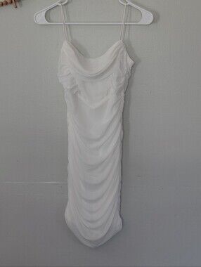 Pofash White Ruched Bodycon Bridal Bachelorette Club Party Dress NWT XS